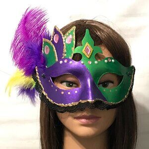Mardi Gras Mystical Mask rhinestones & feathers purple & green